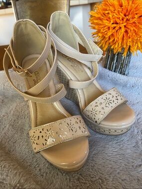 DbDk Fashion Beige Laser-Cut Wedge Sandals with Double Ankle Straps